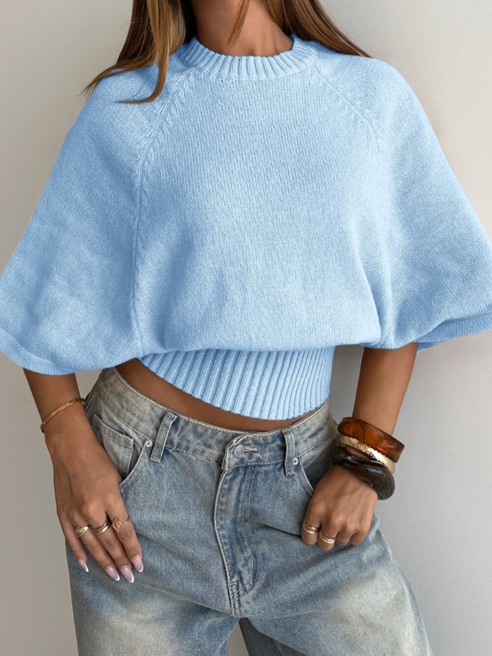 Baby Blue Casual Women's All Over Print Rib-Knit Round Neck Slim Fit Pullovers